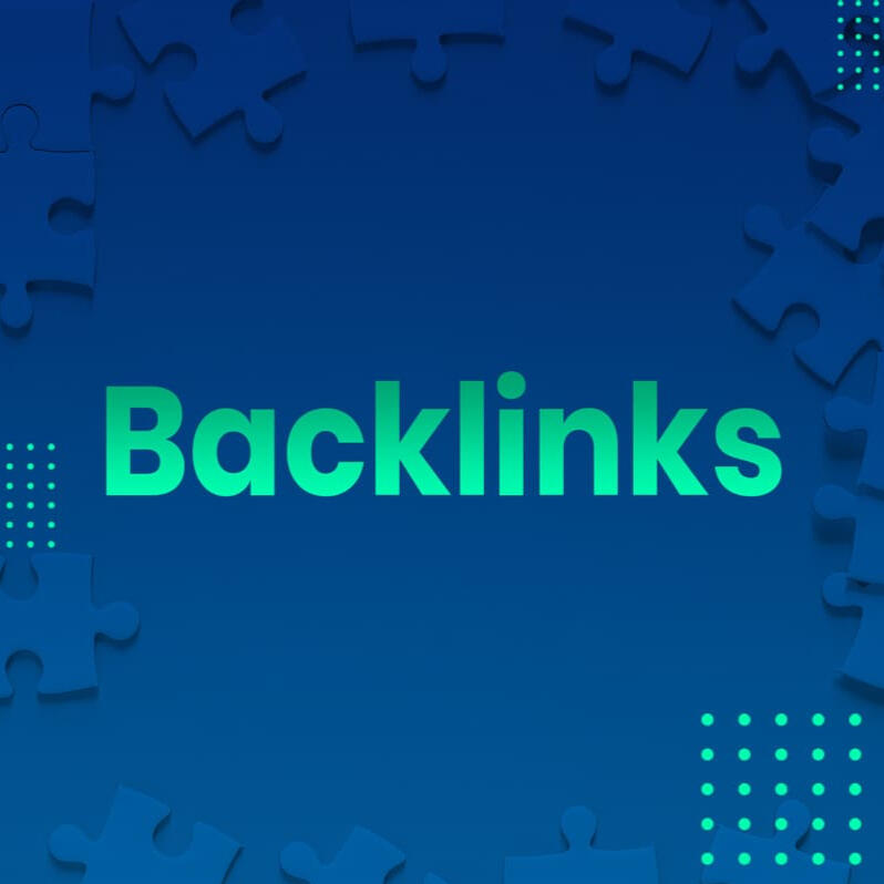 Linkaufbau, blauer Hintergrund mit offenen Puzzle-Muster und grünem Backlinks Schriftzug