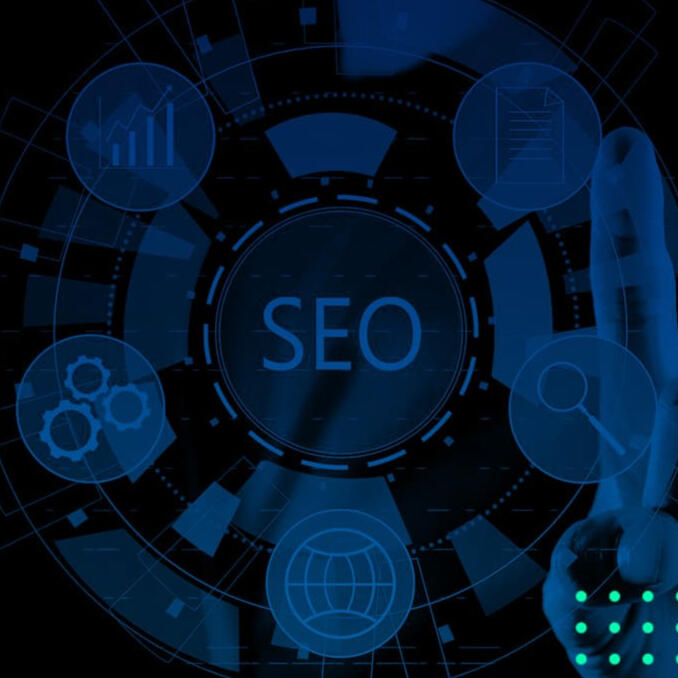 SEO Schriftzug mit blauer Icons-Grafik